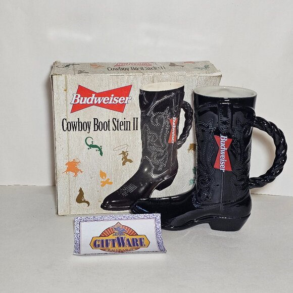 Budweiser Black Cowboy Boot Stein II 1997 In Original Box Anheuser Busch NIB - Picture 1 of 10